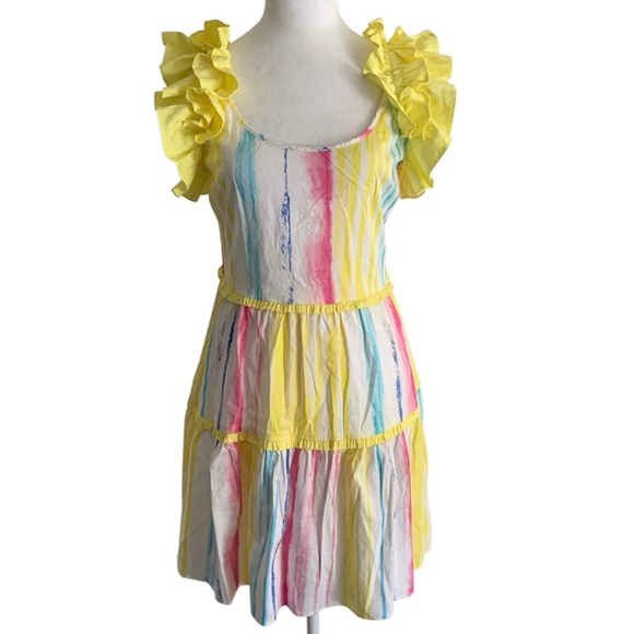 Alden Adair Medium Ruffle Shoulder Colorful Watercolor Smocked Mini Dress - Picture 1 of 6